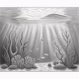 a pencil drawing of an ocean scene with some seaweed, corals and other fish