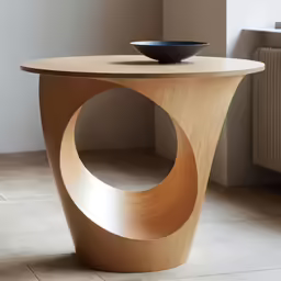 circular table with circular wooden end table in a white room
