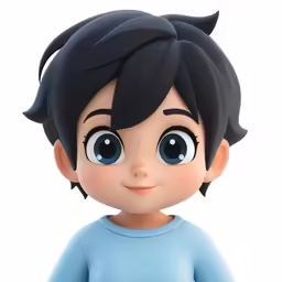 a little boy with blue shirt and black hair
