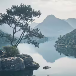 a tree is by some water and mountains