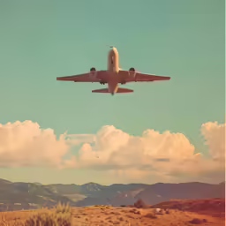 a large passenger plane flying low over mountains