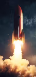 a red rocket lifts off from the sky