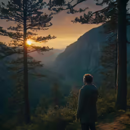 man standing in woods looking at sunset on horizon