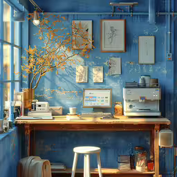blue walls and a wooden table in front of a window,a blue desk with a laptop computer on top