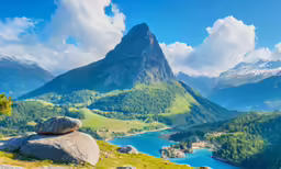 a mountain valley covered in green grass and trees