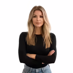 a beautiful woman with long blonde hair standing in front of a white background