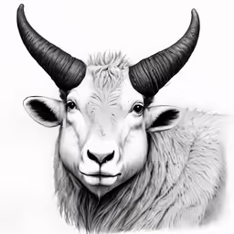 black and white photograph of an animal with large horns