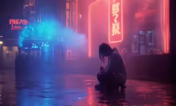a person in a jacket kneeling on the sidewalk