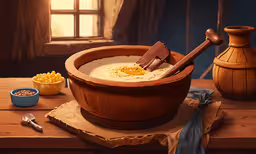 a pot with a wooden spoon next to bowls with nuts,a painting of an image of a bowl with eggs