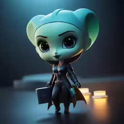 a figurine in black and blue outfit holding a briefcase