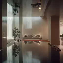 the reflection of a couch in a reflecting pool
