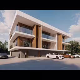 a couple of cars parked in front of a building