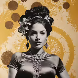an altered photograph of a beautiful young woman in silver and gold jewelry