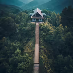 a house in the middle of the forest that is overlooking trees