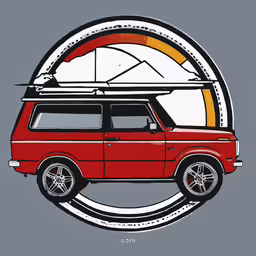 an image of a red van with a surfboard on top,a red van with a surfboard on top