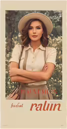 a woman wearing a hat and suspenders with her arms crossed