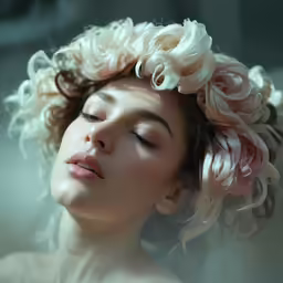 a woman with blond hair and flowers in her hair