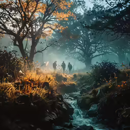 the horses are traveling through a river under the trees
