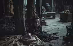 a woman with dark hair sitting on the ground in a room