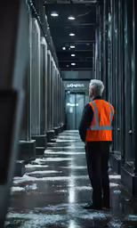 a man in an orange vest standing near some tall steel poles