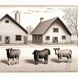 three sheep standing in a field with two barns and one is standing next to the same black and white