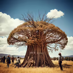 a group of people standing around a big tree