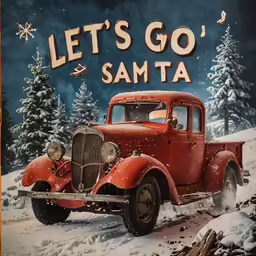 an old red truck is in the snow near evergreen trees