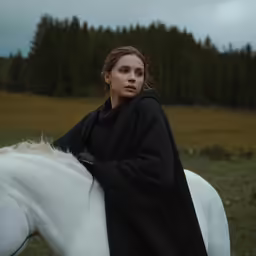a girl dressed in black on a white horse