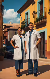 a couple of doctors standing on the street