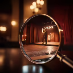 a mirror with a man standing in front of a curtain and a large sign behind it