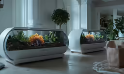 an assortment of flowers in a glass container