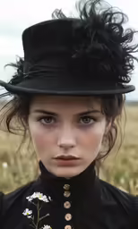 a woman with a hat standing in the middle of a field