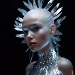 a woman with a silver hair style and lots of feathers