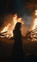 a dark woman standing in front of a burning bonfire