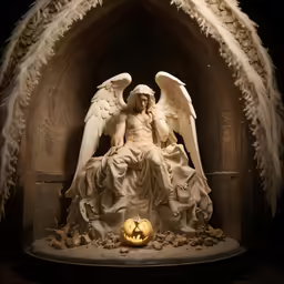 a statue of a person sitting with wings and an orange pumpkin