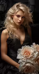a beautiful blonde posing in black with flowers