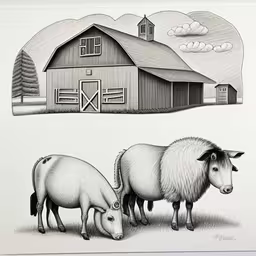 there is a barn and two sheep in the picture,two sheep graze and eat grass in front of a barn