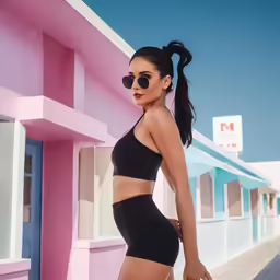 a woman is in front of a colorful building with sunglasses on