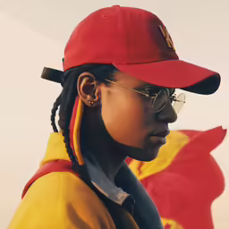 a woman with sunglasses and red hat standing