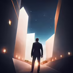 a man looking into the distance while standing in an empty alley
