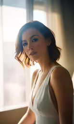 a woman in white sits by a window