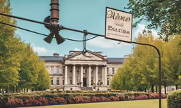 an old fashioned street light next to a large house
