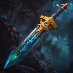 a sci - fil holding a glowing sword against a dark background