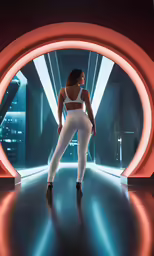 a woman in white posing in an urban setting