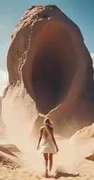 a woman walking along the desert by a large boulder