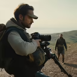 a man that is holding a camera on a field