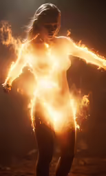 woman in body paint with bright yellow flarers