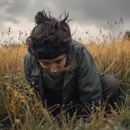 a person with hair loss crouching down in the grass