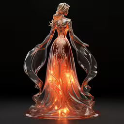 a woman dressed in an evening dress light up figure,a woman with blonde hair is shown in an orange gown, with long flowing clothes