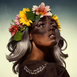 a woman with flowers in her hair looking to the sky